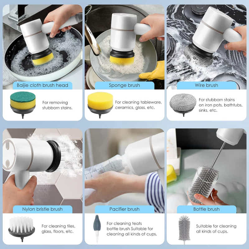 DS BS USB Rechargeable Electric Cleaning Brush with 6 Interchangeable Heads