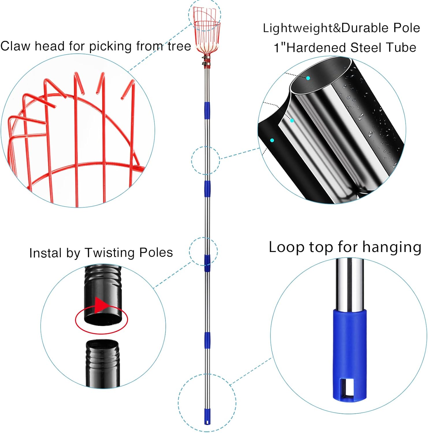 DS BS Fruit Picker Pole with Basket Telescoping