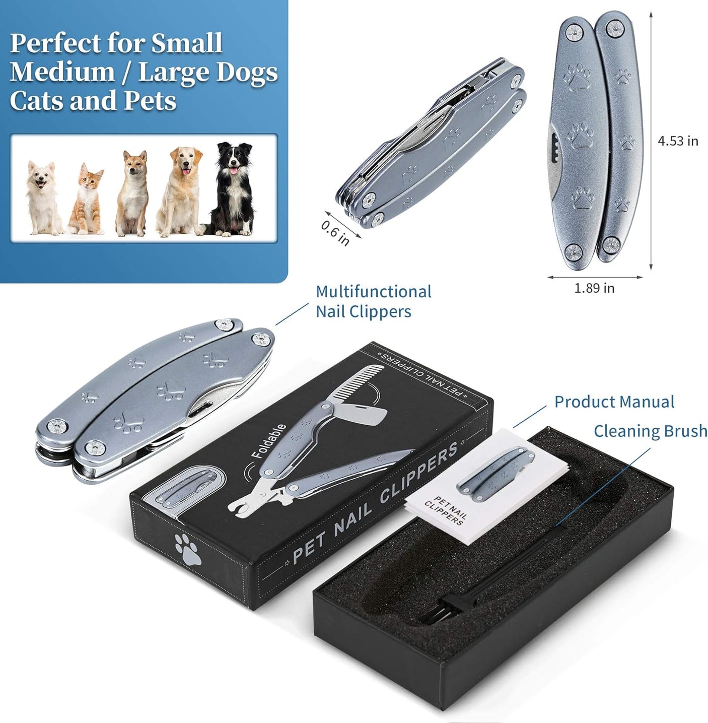 DS BS 3 in 1 Foldable Dog Nail Clippers