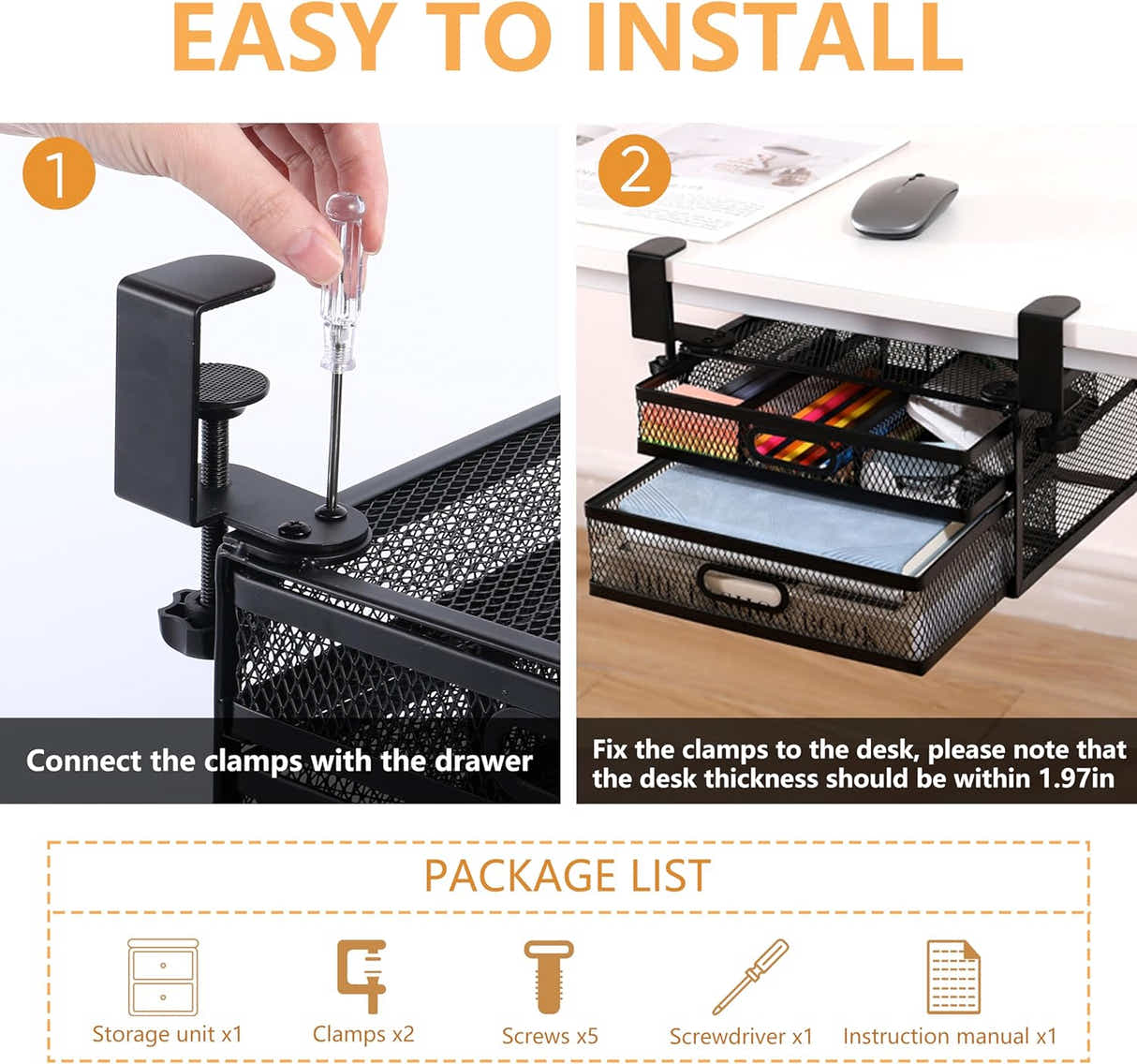 DS BS Dual Sliding Drawer Under Desk Drawer Organizer