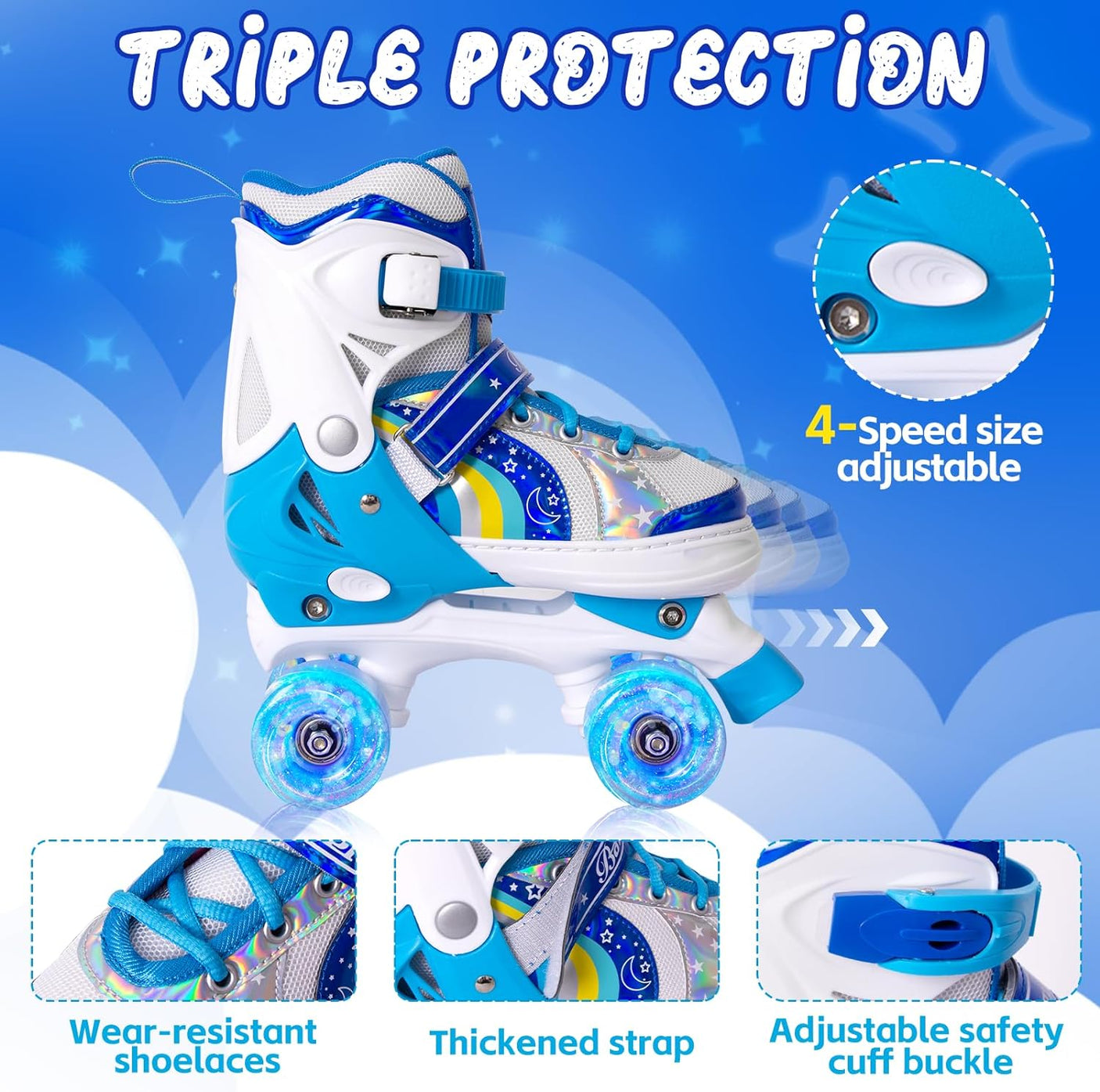 DS BS Adjustable Kids Roller Skates M Size 35-38 Blue