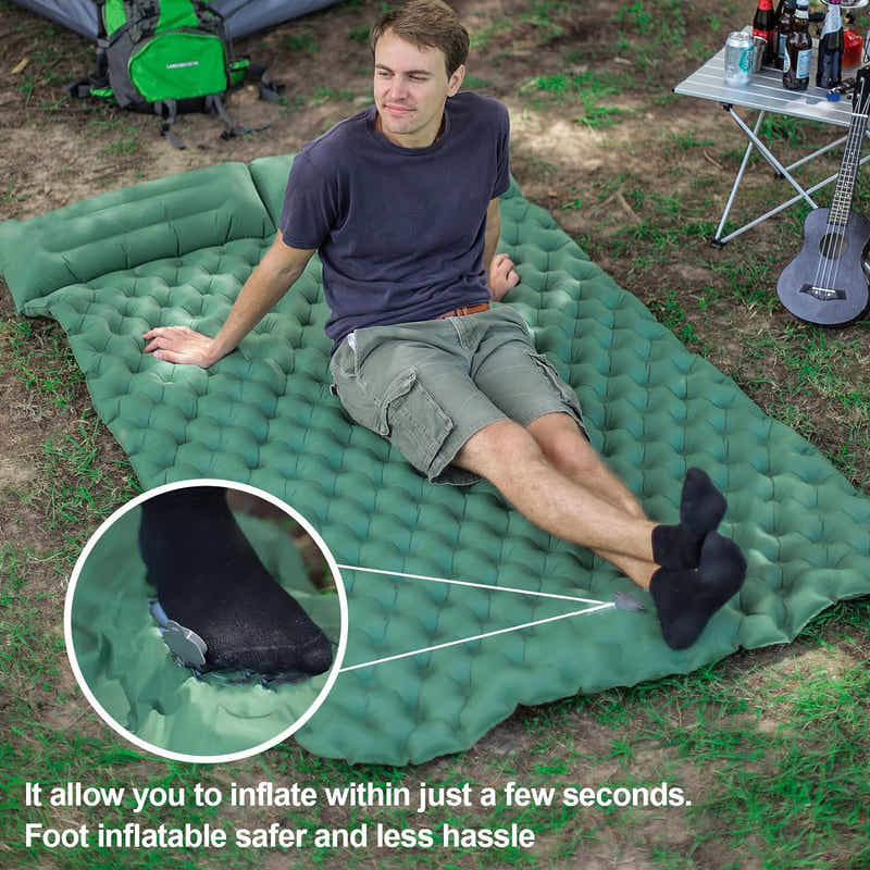 DS BS Inflatable Sleeping Mat with Pillow Built in Pump - Green