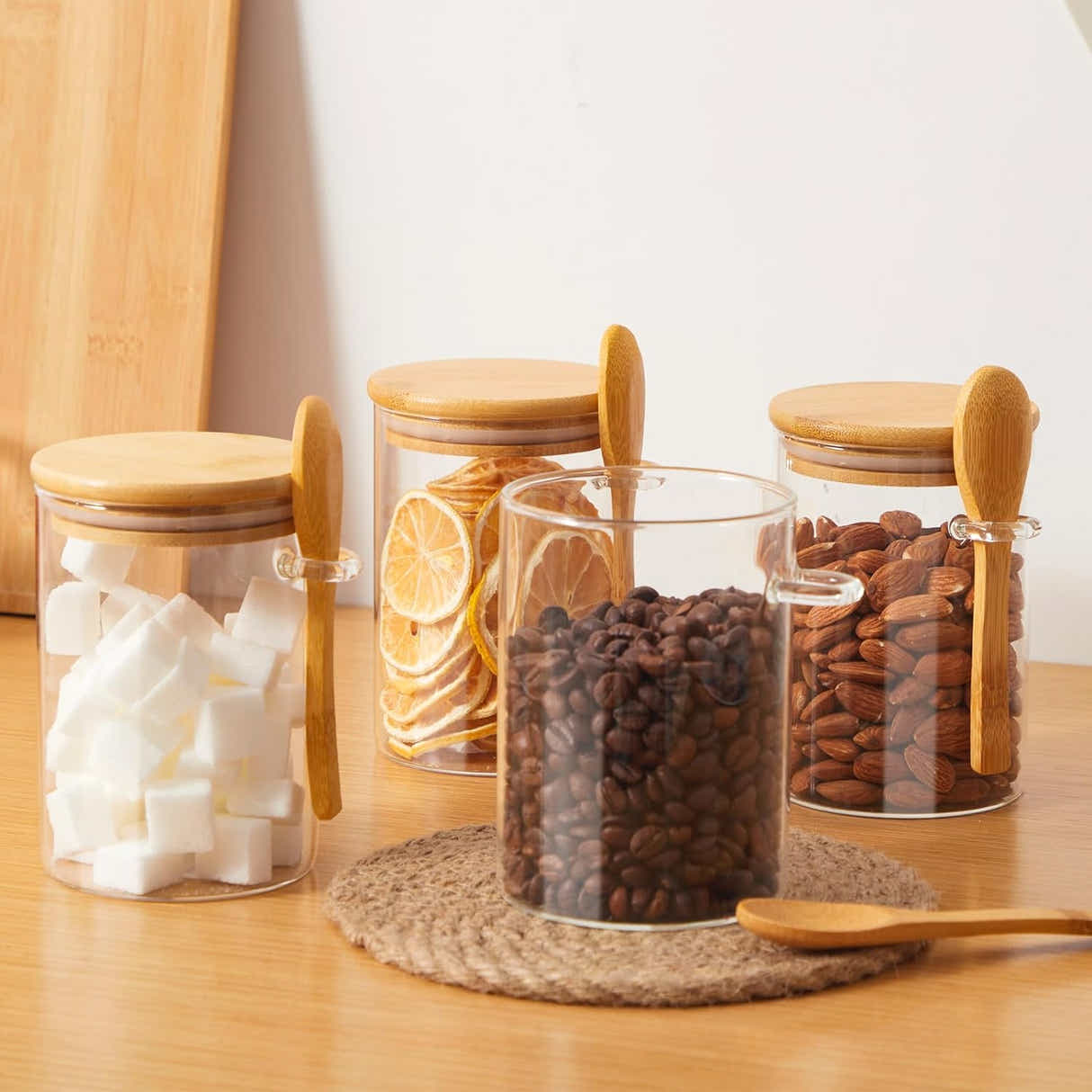 DS BS Set Of 4 500ML Glass Storage Jars with Bamboo Lids and Spoon