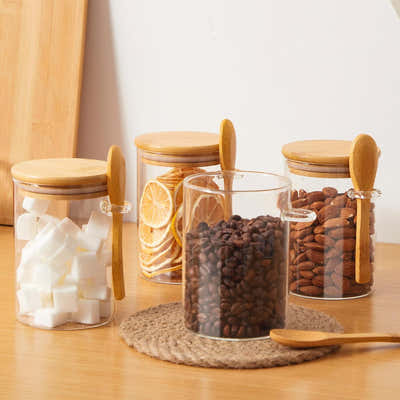 DS BS Set Of 4 500ML Glass Storage Jars with Bamboo Lids and Spoon