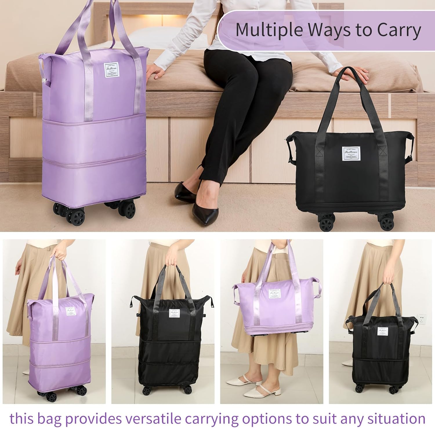 DS BS Expandable foldable duffel bag suitcase with Removable Wheels M -Black