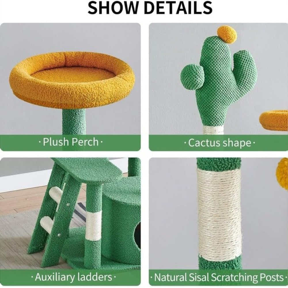 DS BS Cactus Cat Tree Tower , 135cm Multi-Level Cat Climbing Furniture