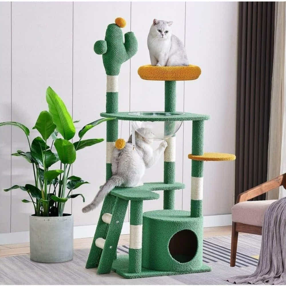 DS BS Cactus Cat Tree Tower , 135cm Multi-Level Cat Climbing Furniture