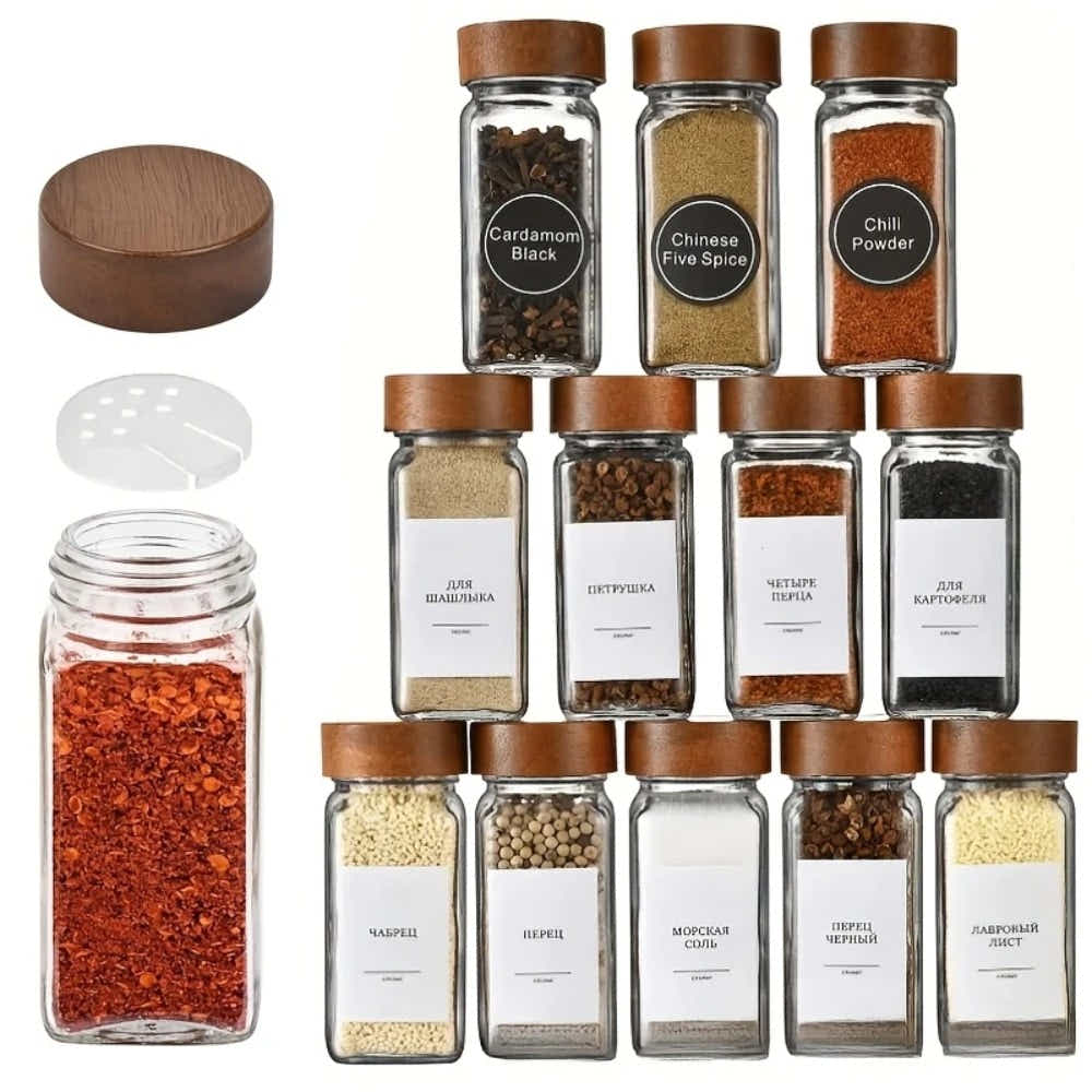 DS BS 24-Piece Square Glass Spice Jar Set with Wooden Lids