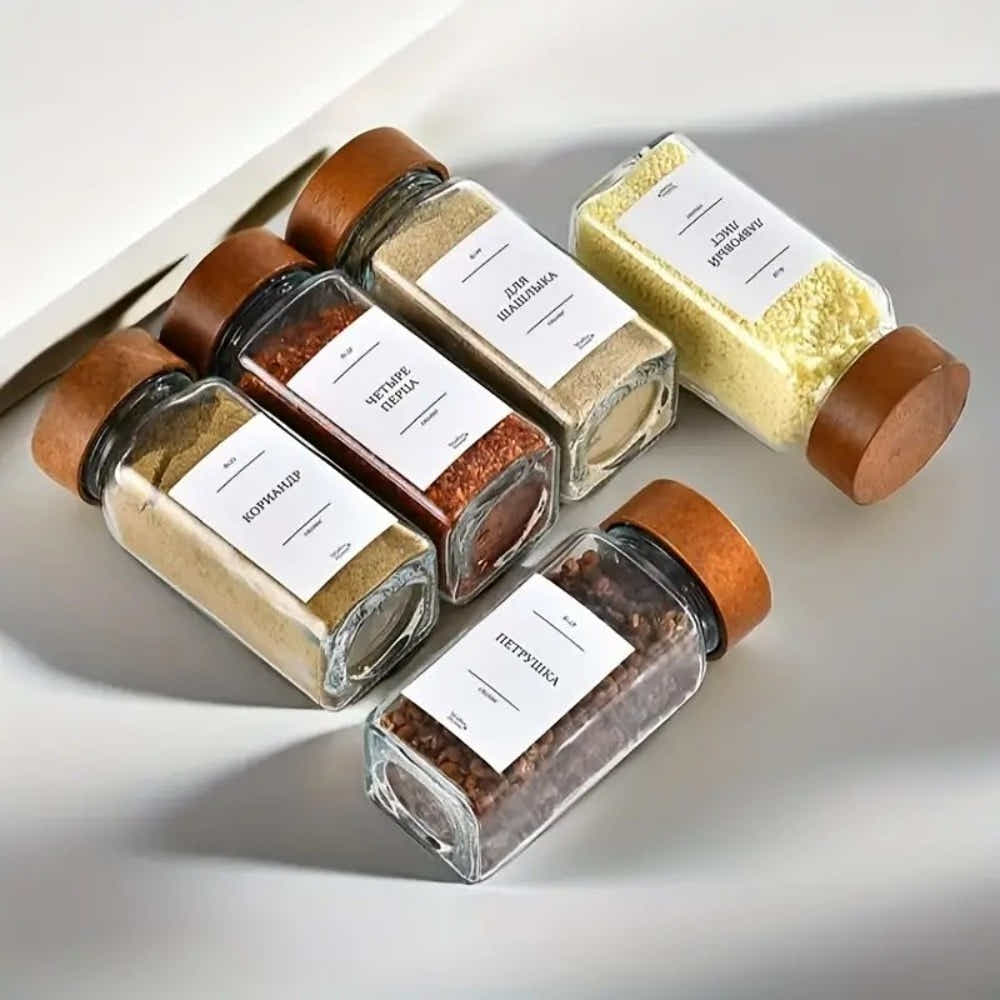 DS BS 24-Piece Square Glass Spice Jar Set with Wooden Lids