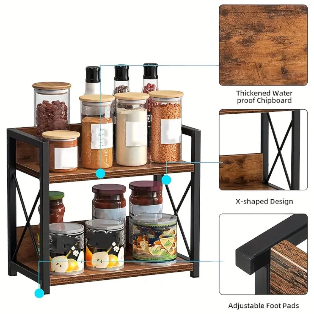DS BS Rustic Industrial Storage Shelf – 2-Tier Wooden Metal Organizer Rack