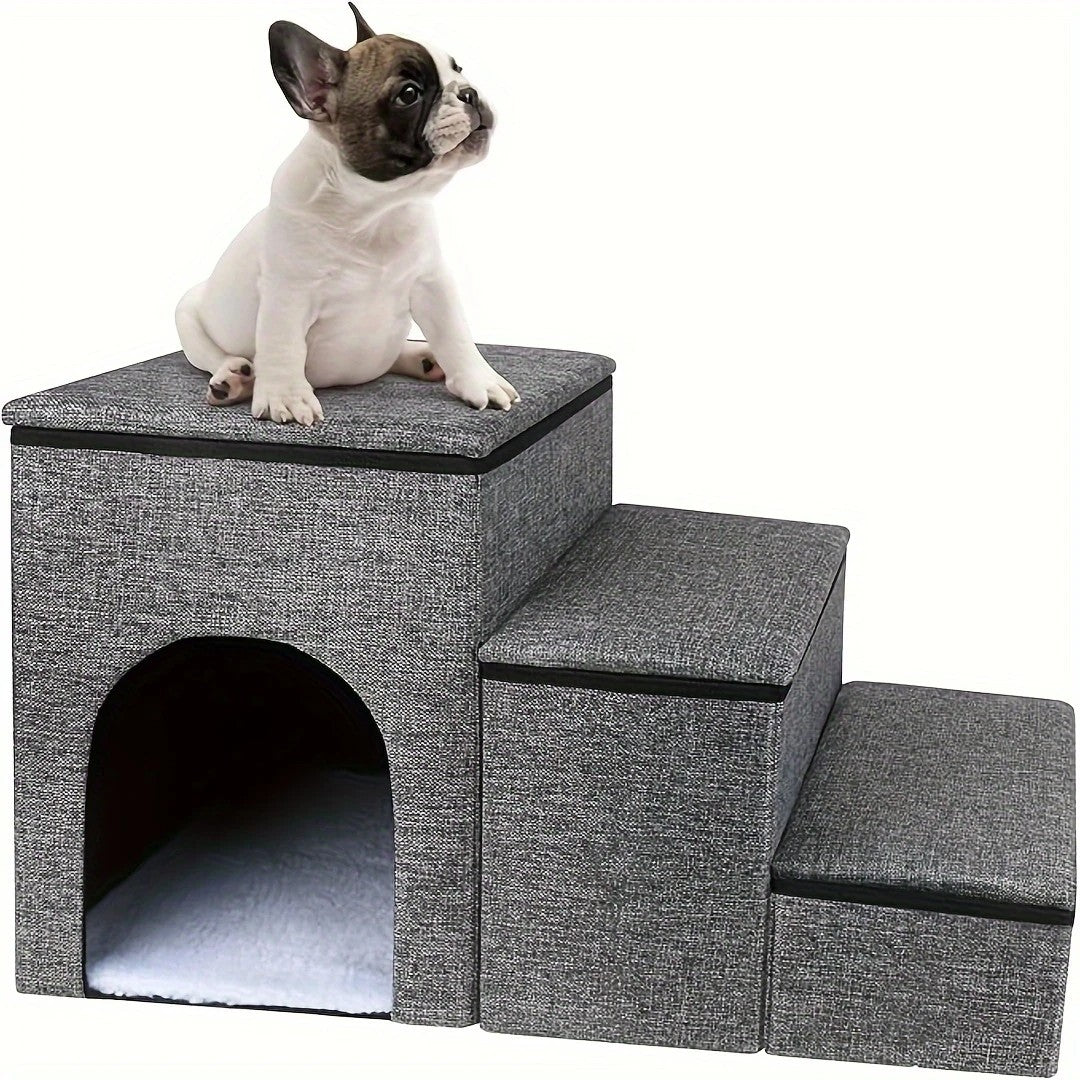 DS BS Foldable 3-Step Pet Stairs with Hidden Condo Storage
