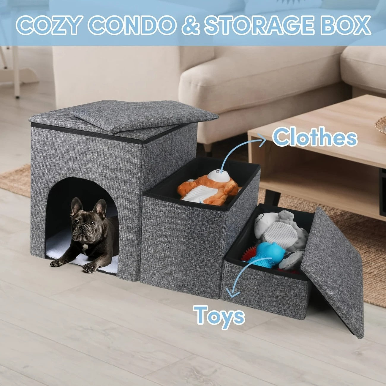 DS BS Foldable 3-Step Pet Stairs with Hidden Condo Storage