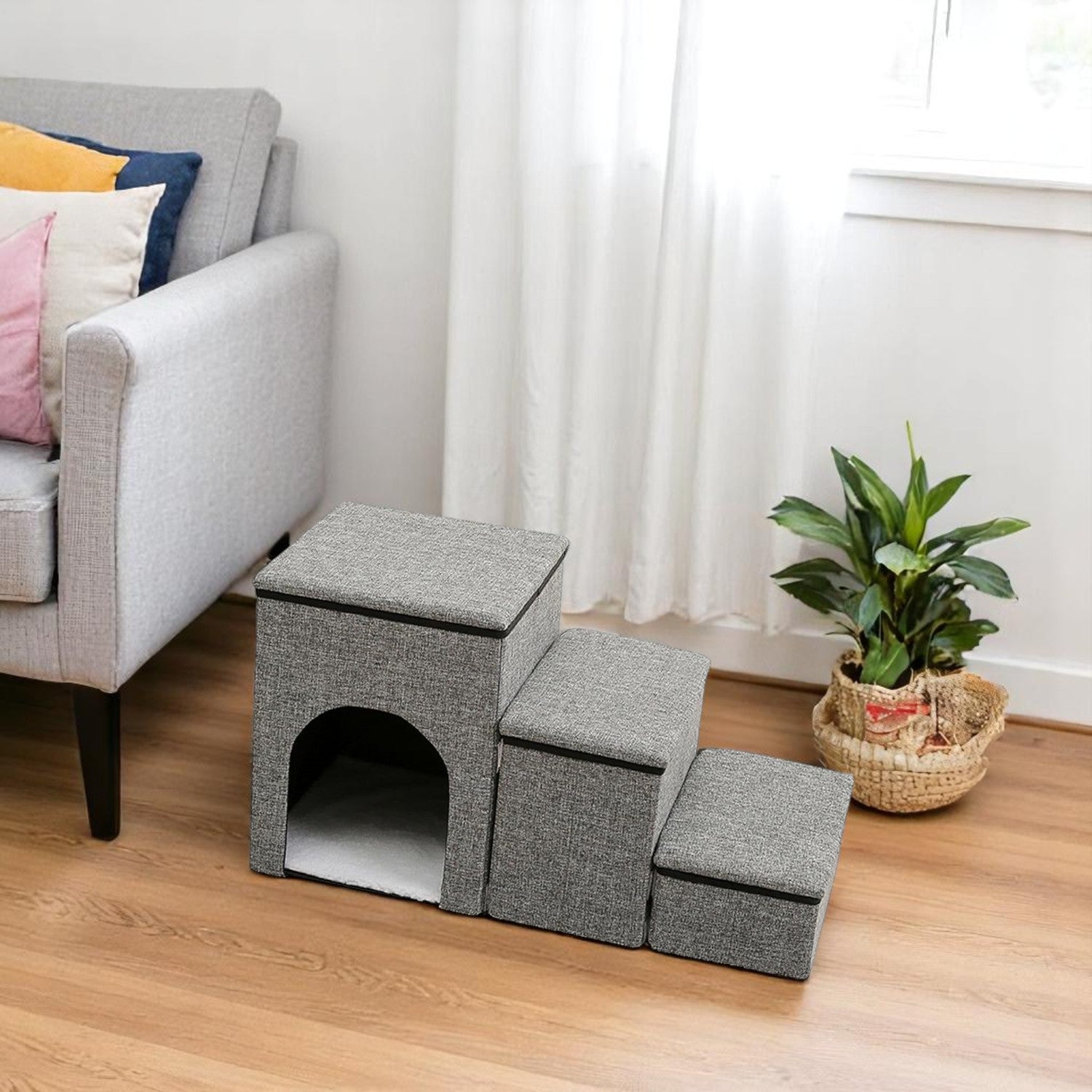 DS BS Foldable 3-Step Pet Stairs with Hidden Condo Storage