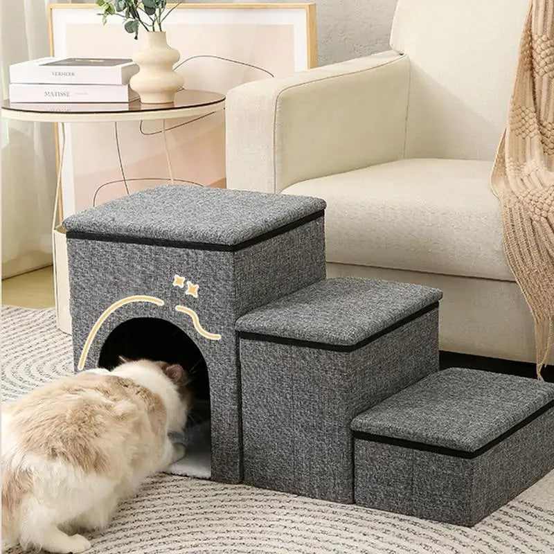 DS BS Foldable 3-Step Pet Stairs with Hidden Condo Storage