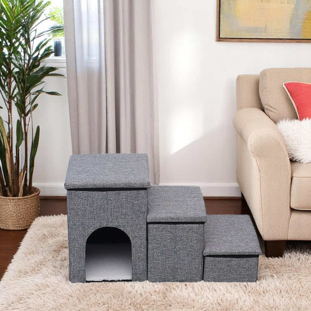 DS BS Foldable 3-Step Pet Stairs with Hidden Condo Storage