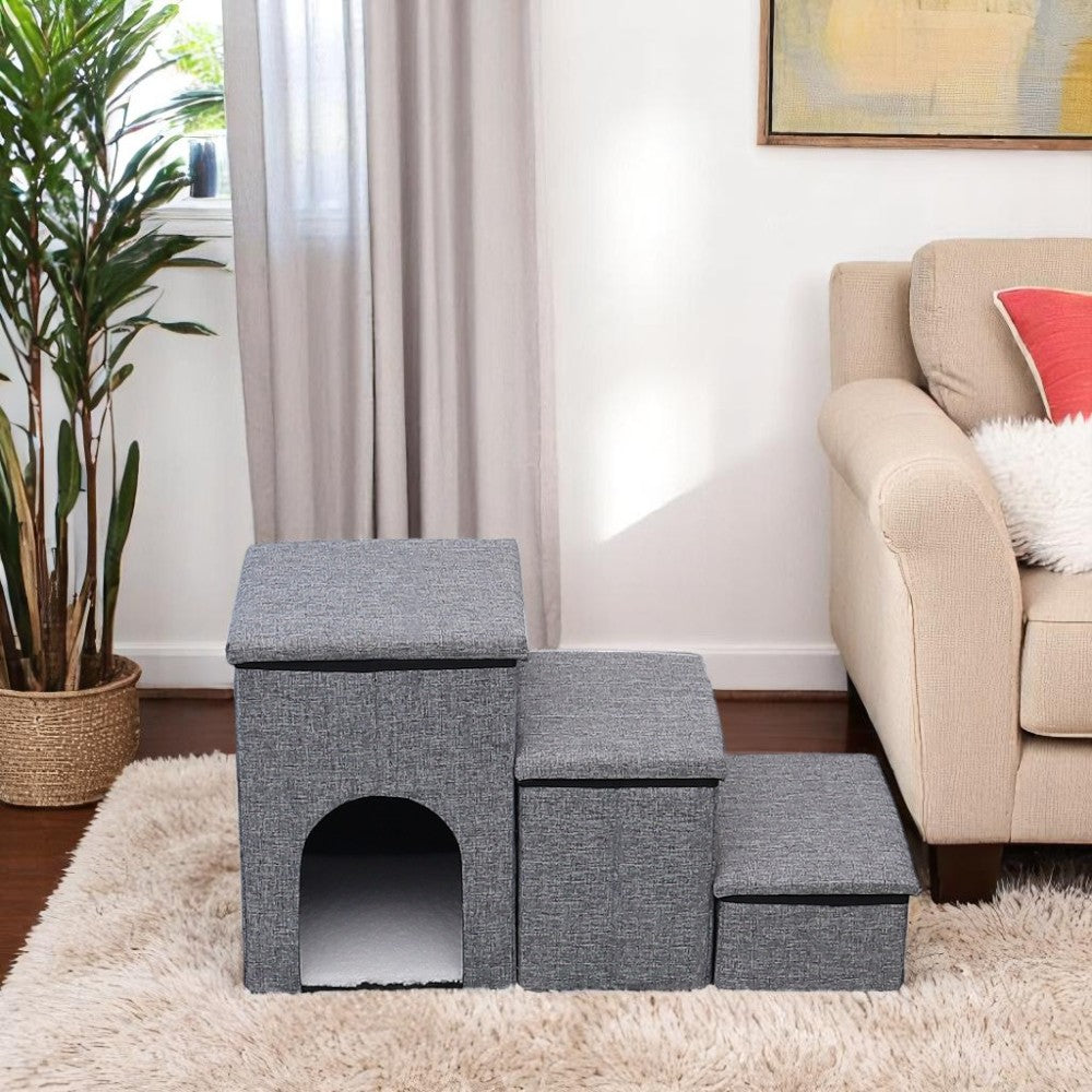 DS BS Foldable 3-Step Pet Stairs with Hidden Condo Storage