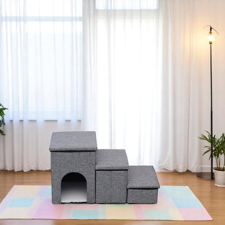 DS BS Foldable 3-Step Pet Stairs with Hidden Condo Storage