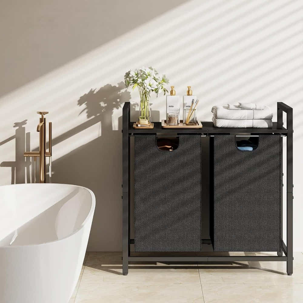 DS BS Dual Laundry Hamper with Pull-Out Bags  Steel Top Shelf – 72×32×71cm