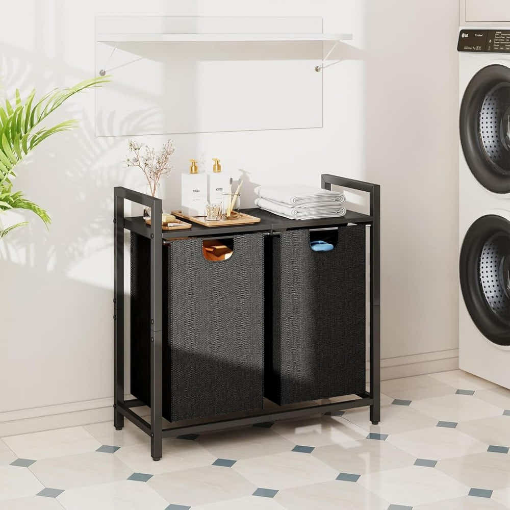 DS BS Dual Laundry Hamper with Pull-Out Bags  Steel Top Shelf – 72×32×71cm