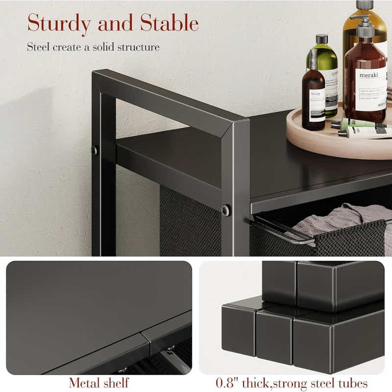 DS BS  Dual Laundry Hamper with Pull-Out Bags & Steel Top Shelf – 72×32×71cm