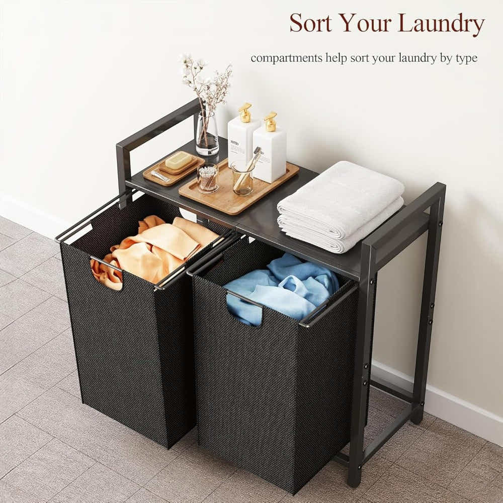 DS BS Dual Laundry Hamper with Pull-Out Bags  Steel Top Shelf – 72×32×71cm