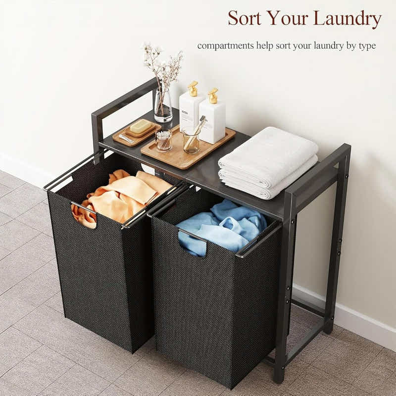 DS BS  Dual Laundry Hamper with Pull-Out Bags & Steel Top Shelf – 72×32×71cm