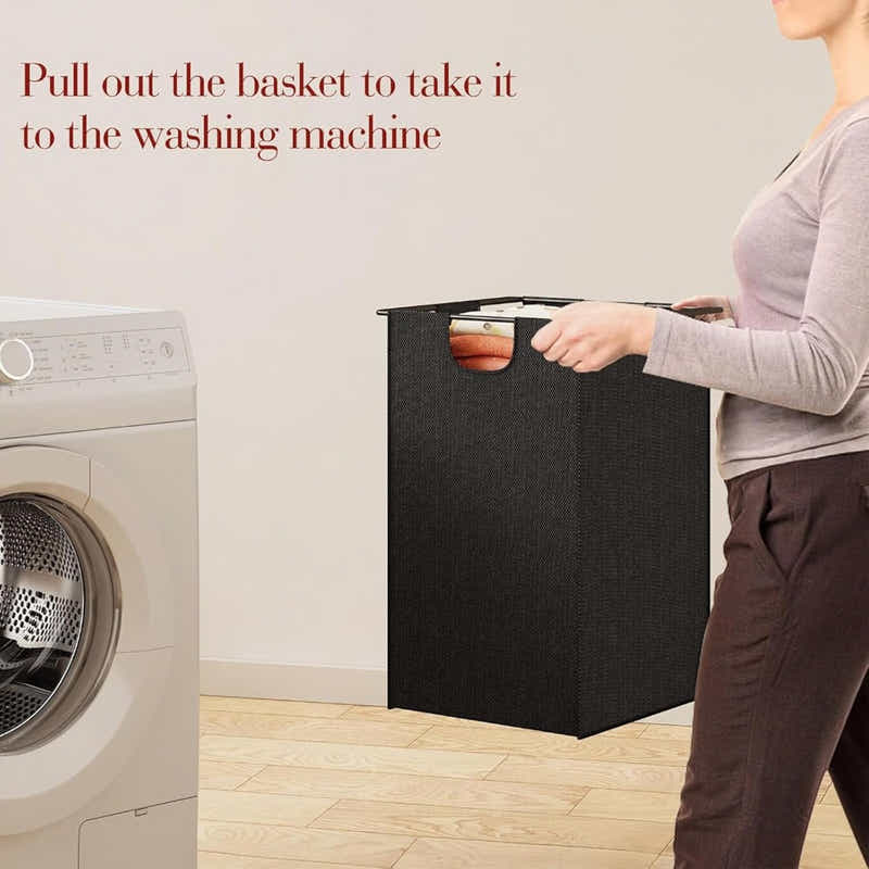 DS BS  Dual Laundry Hamper with Pull-Out Bags & Steel Top Shelf – 72×32×71cm