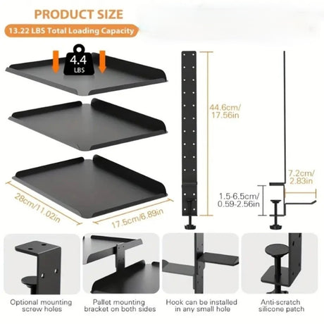 DS BS Clamp On Desk Shelf with 3 Adjustable Trays-Black
