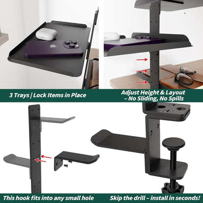 DS BS Clamp On Desk Shelf with 3 Adjustable Trays-Black