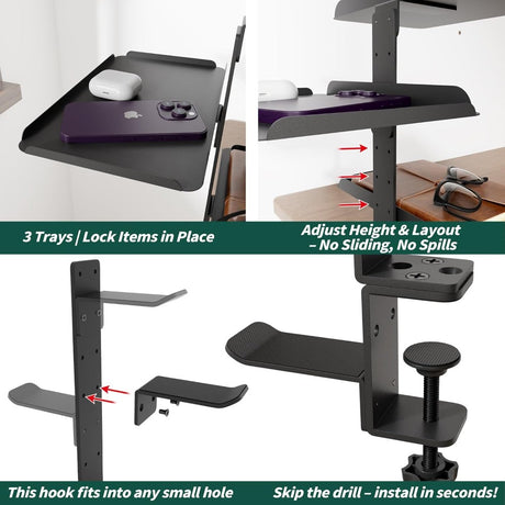 DS BS Clamp On Desk Shelf with 3 Adjustable Trays-Black