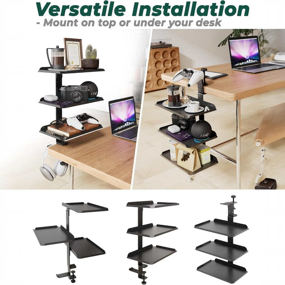 DS BS Clamp On Desk Shelf with 3 Adjustable Trays-Black