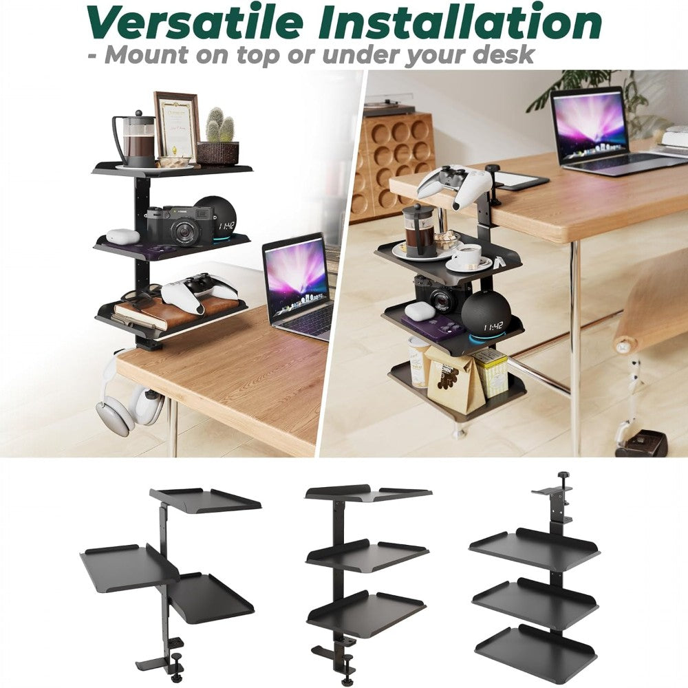 DS BS Clamp On Desk Shelf with 3 Adjustable Trays-Black