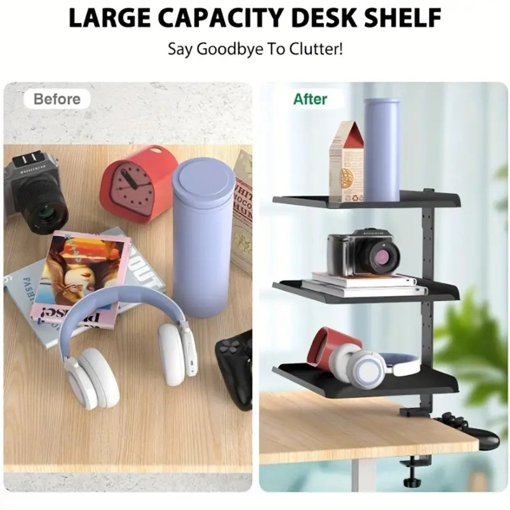DS BS Clamp On Desk Shelf with 3 Adjustable Trays-Black