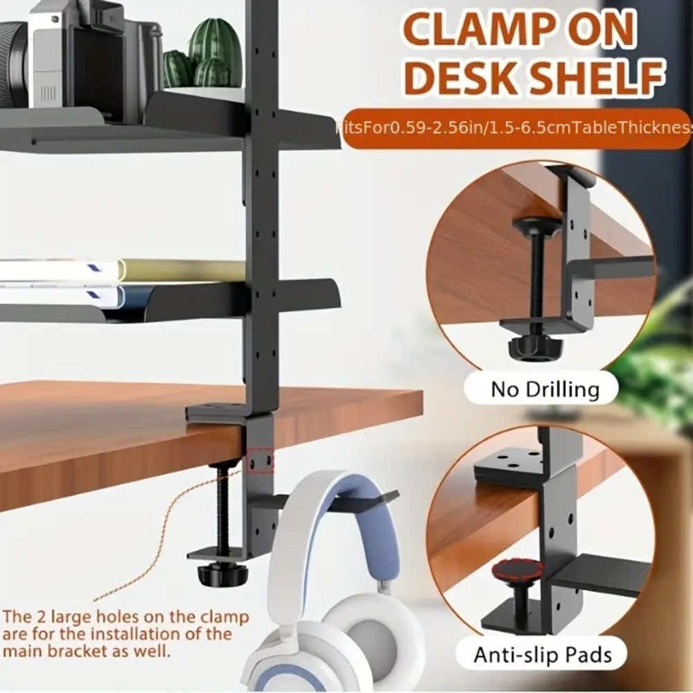 DS BS Clamp On Desk Shelf with 3 Adjustable Trays-Black