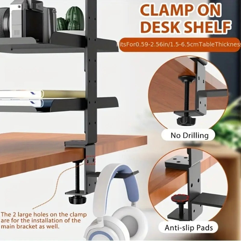 DS BS Clamp On Desk Shelf with 3 Adjustable Trays-Black