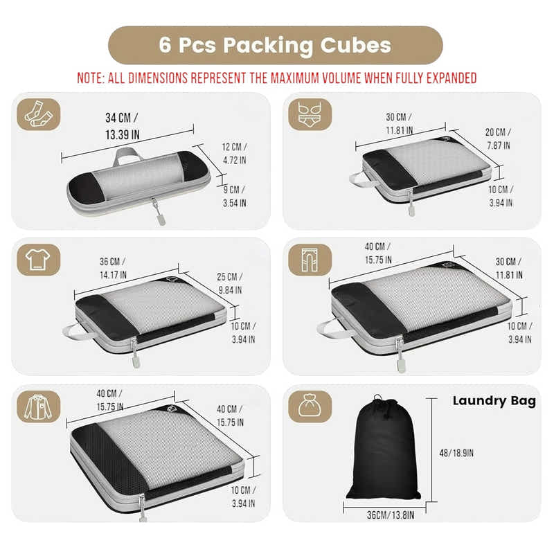 DS BS 6pcs Compression Packing Cubes Travel Luggage Organizer Set - Black