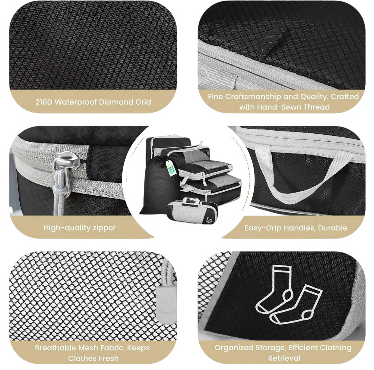 DS BS 6pcs Compression Packing Cubes Travel Luggage Organizer Set - Black