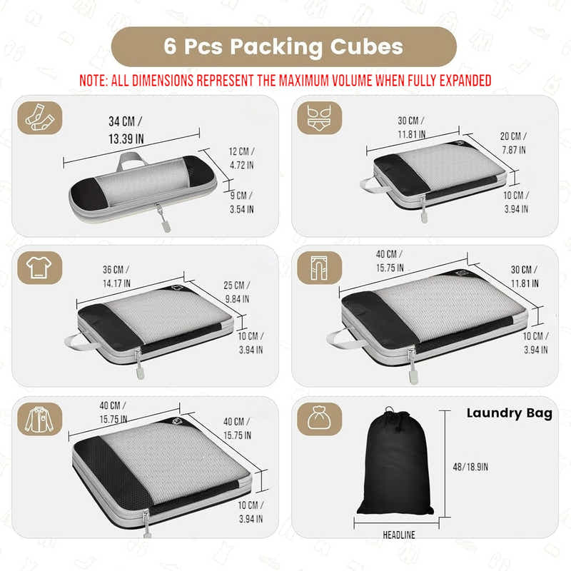 DS BS 6pcs Compression Packing Cubes Travel Luggage Organizer Set - Grey