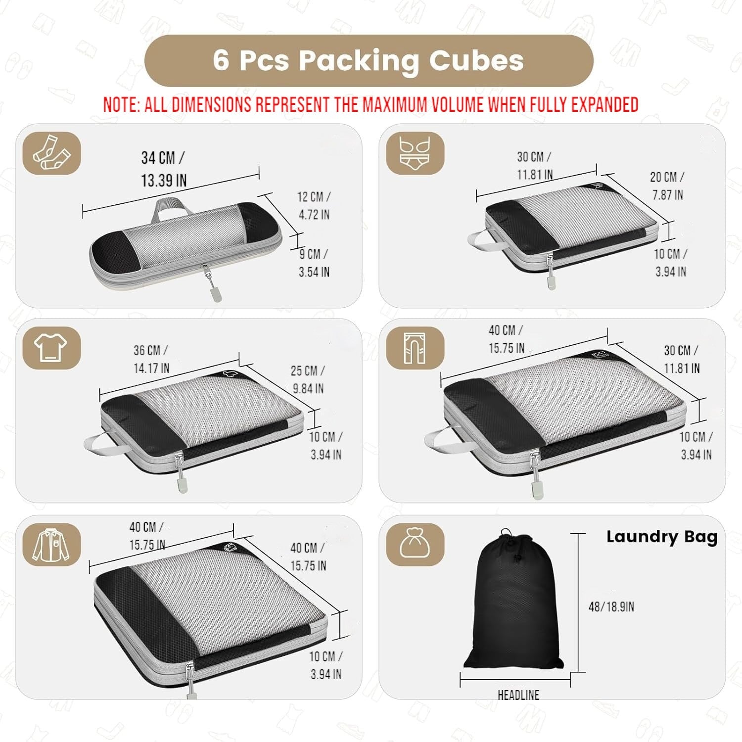 DS BS 6pcs Compression Packing Cubes Travel Luggage Organizer Set - Grey