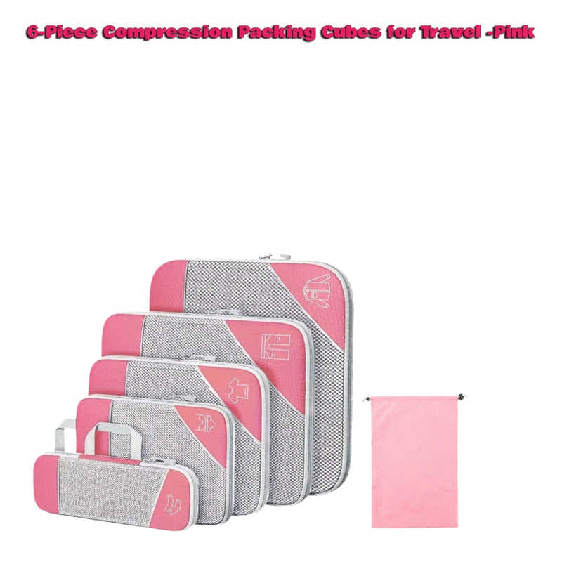 DS BS 6pcs Compression Packing Cubes Travel Luggage Organizer Set - Pink