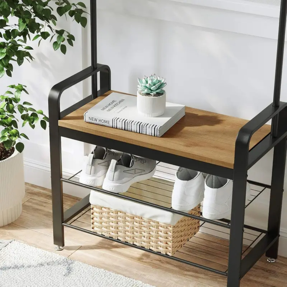 DS BS 4-in-1 Hall Tree Coat Rack with Shoe Bench and Storage Shelves