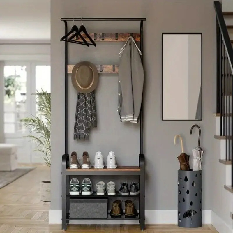 DS BS 4-in-1 Hall Tree Coat Rack with Shoe Bench and Storage Shelves