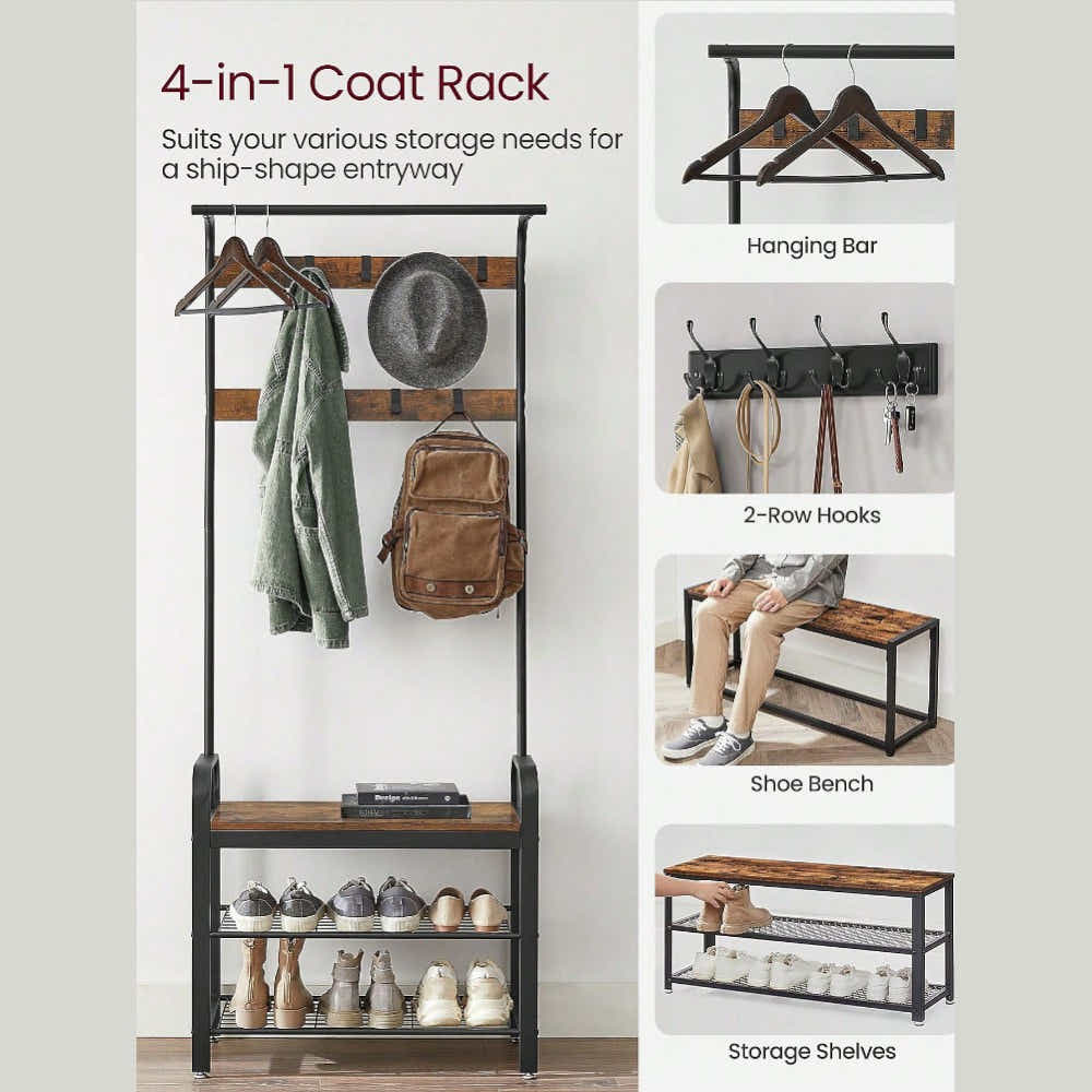 DS BS 4-in-1 Hall Tree Coat Rack with Shoe Bench and Storage Shelves