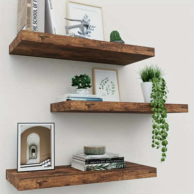 DS BS Set of 2 Floating Wall Shelves with Metal Bracket - Brown