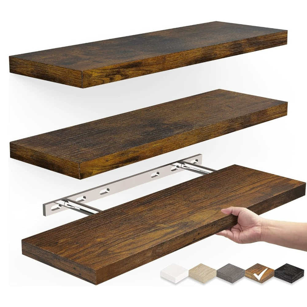 DS BS Set of 2 Floating Wall Shelves with Metal Bracket - Brown