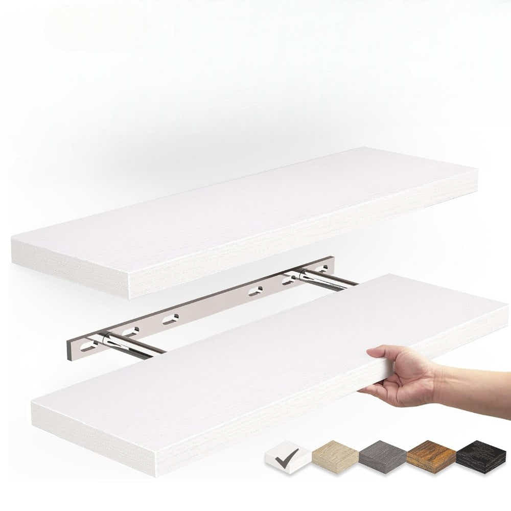 DS BS Set of 2 Floating Wall Shelves with Metal Bracket - White