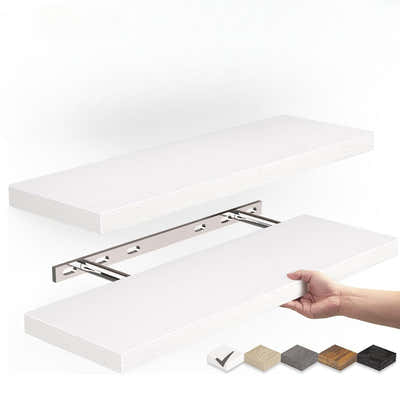 DS BS Set of 2 Floating Wall Shelves with Metal Bracket - White