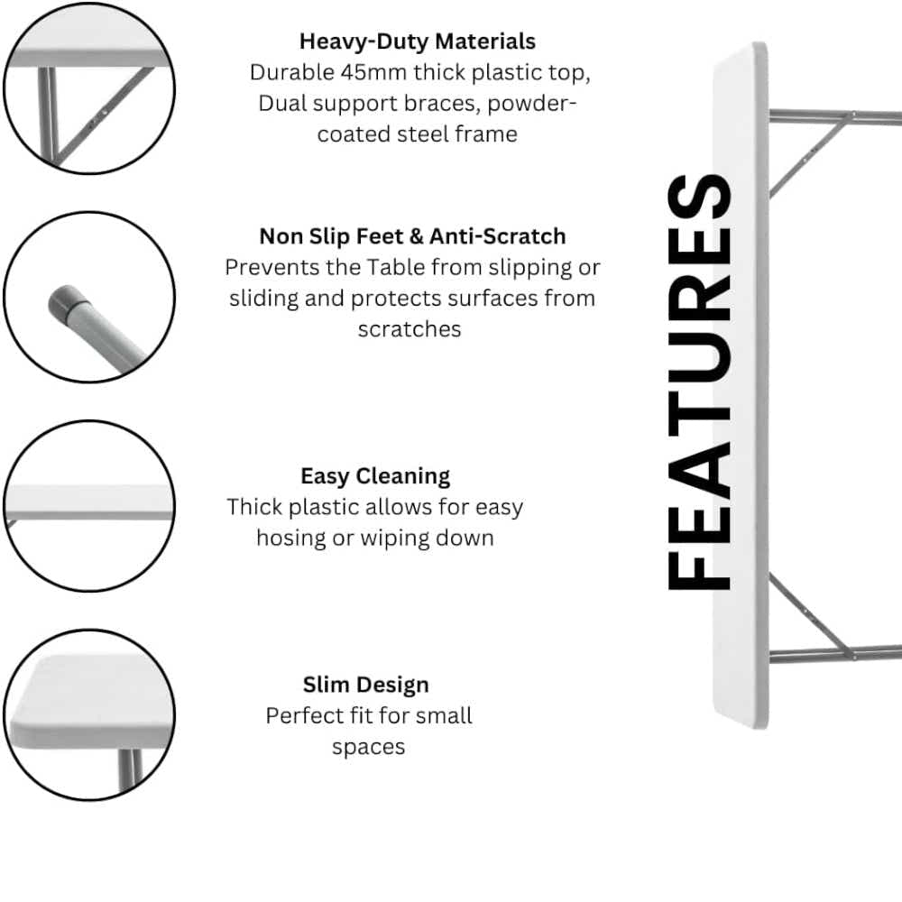 DS BS Slim Folding Table 180×45cm Space Saving Design with Strong Steel Legs