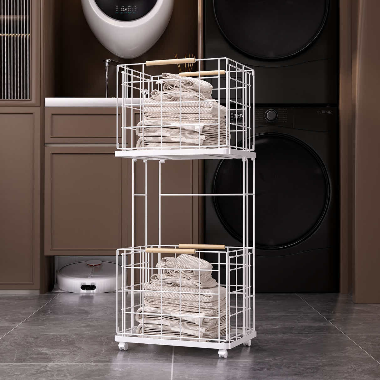 DS BS 2 Tier Laundry Basket Cart with Wheels Removable Wire Baskets
