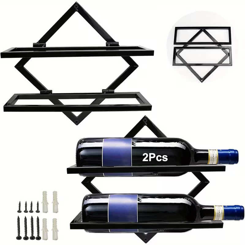 DS BS 2 Pack Wall Mounted Wine Rack Collapsible Metal Bottle Holder